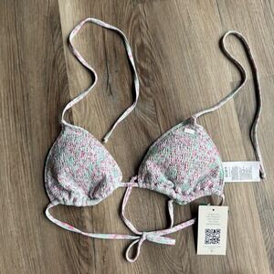 Roxy Womens Smocked Triangle Bikini Top Pink Mint Green Floral Print Size Medium